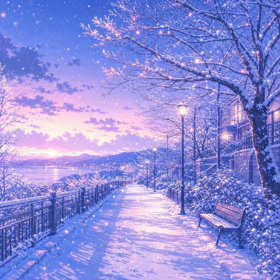 冬の帰り道を思わせる淡い夕暮れと雪のジャケットイラスト