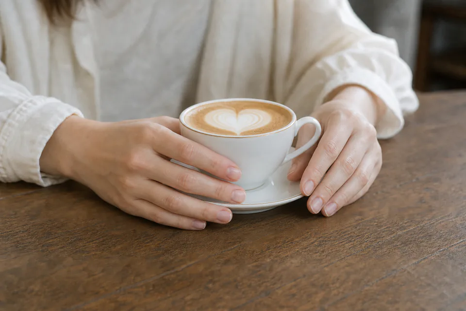 白いブラウス姿の若い女性が陶器のコーヒーカップを包む手元