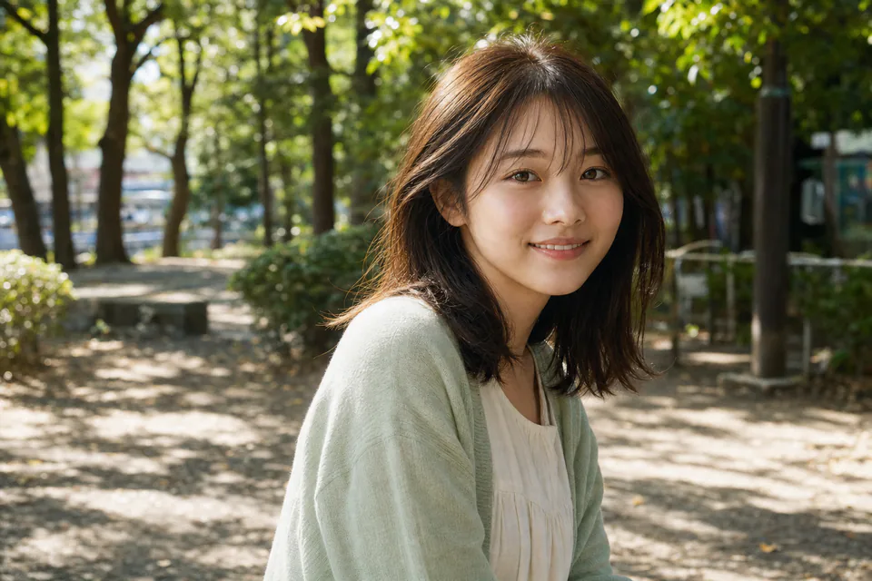 公園の木漏れ日の下で笑う女性