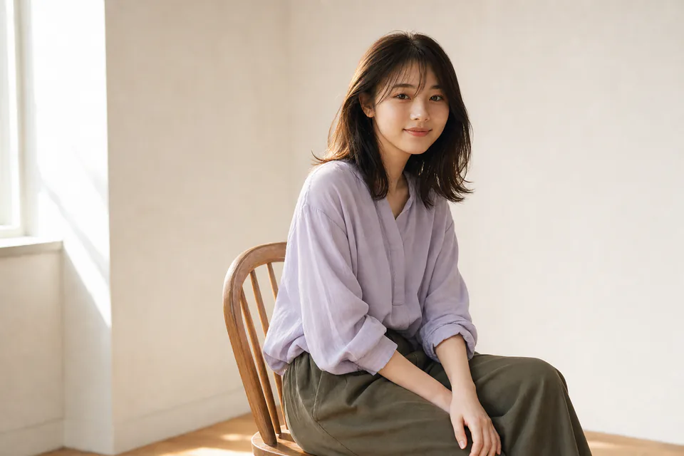 椅子に腰かけてこちらへほほえむ片瀬ひなた