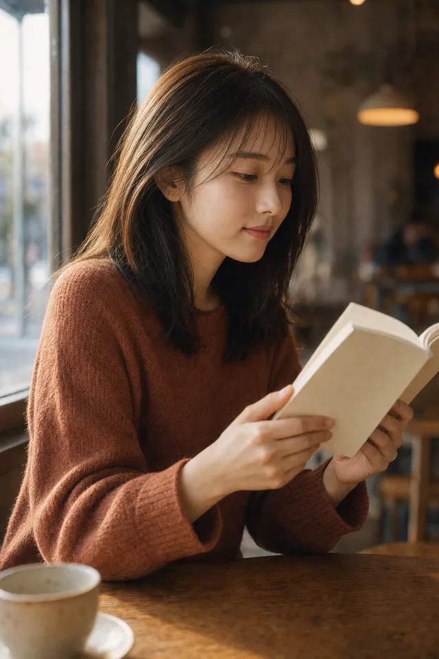 カフェで本を読む女性の横顔