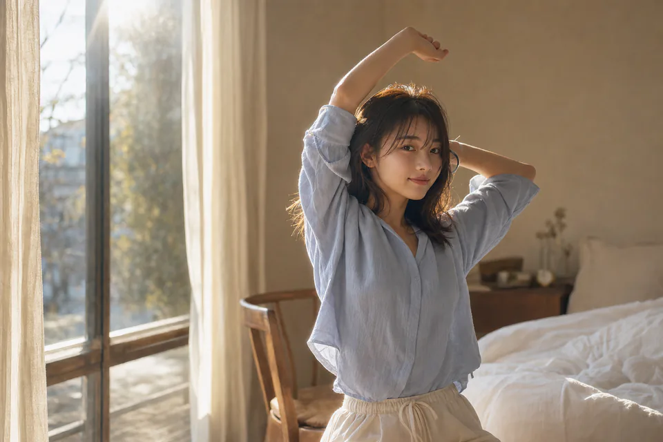 朝の斜光が差す部屋で伸びをする女性の後ろ姿