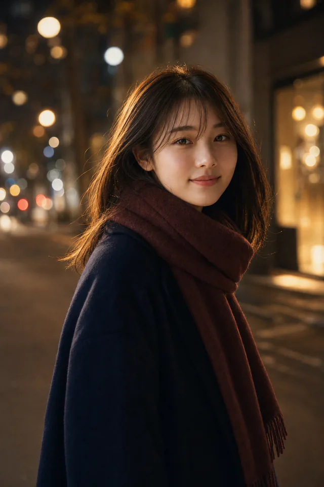 夜の街灯とショーウィンドウの光の下に立つ女性