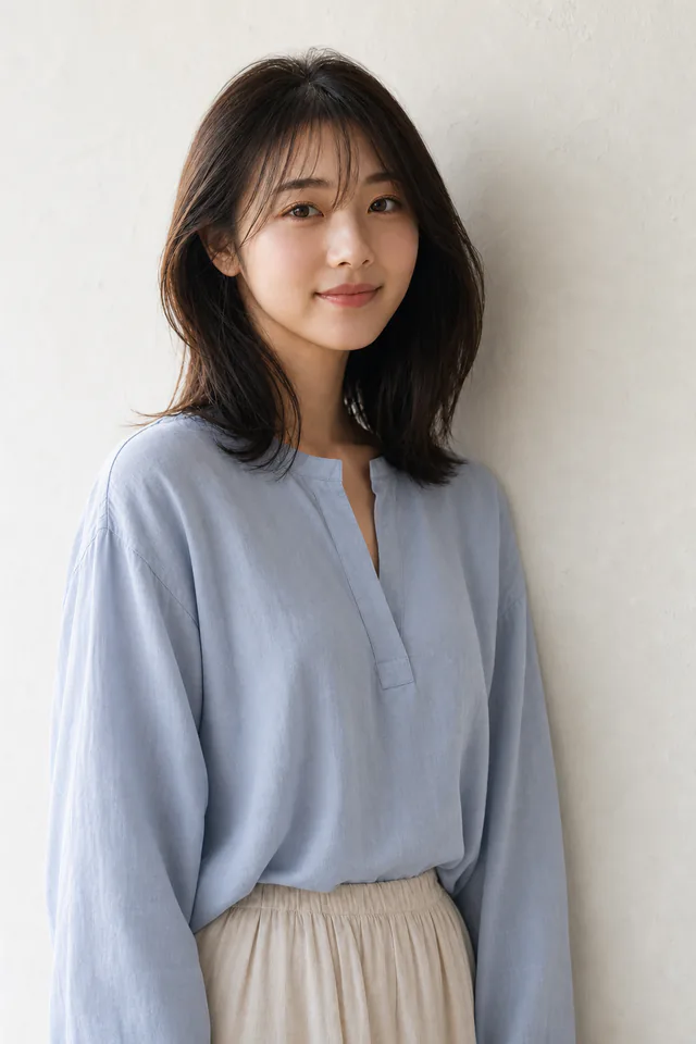 白壁の前に立つ小森ひなたの自然なポートレート