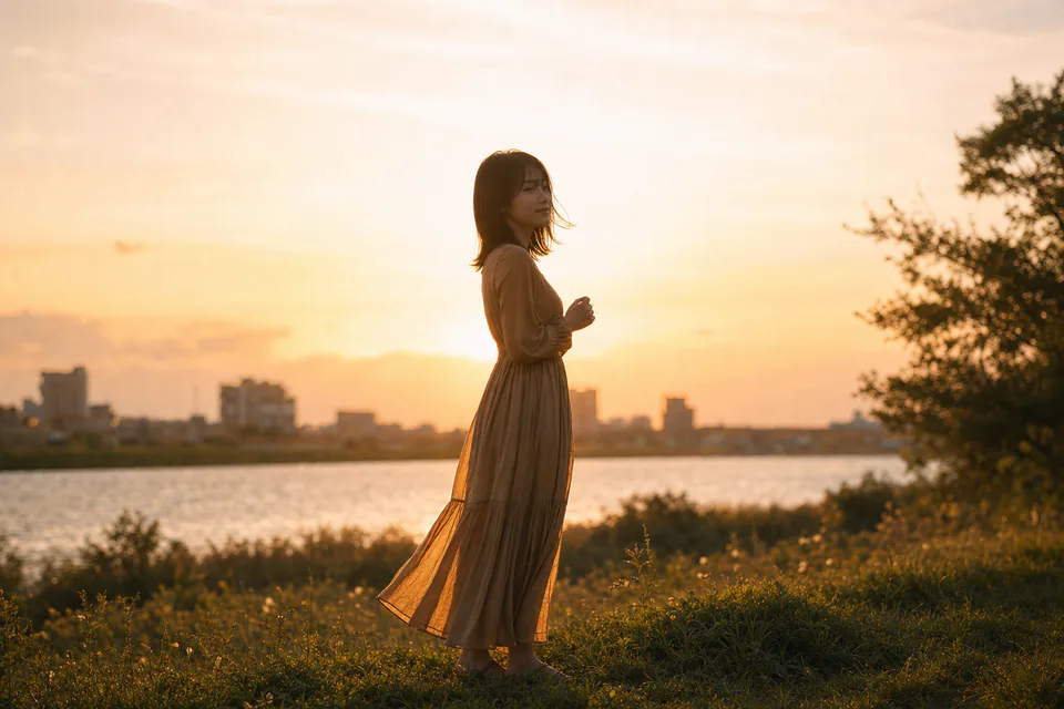 海辺の夕日を見つめる人物のシルエット