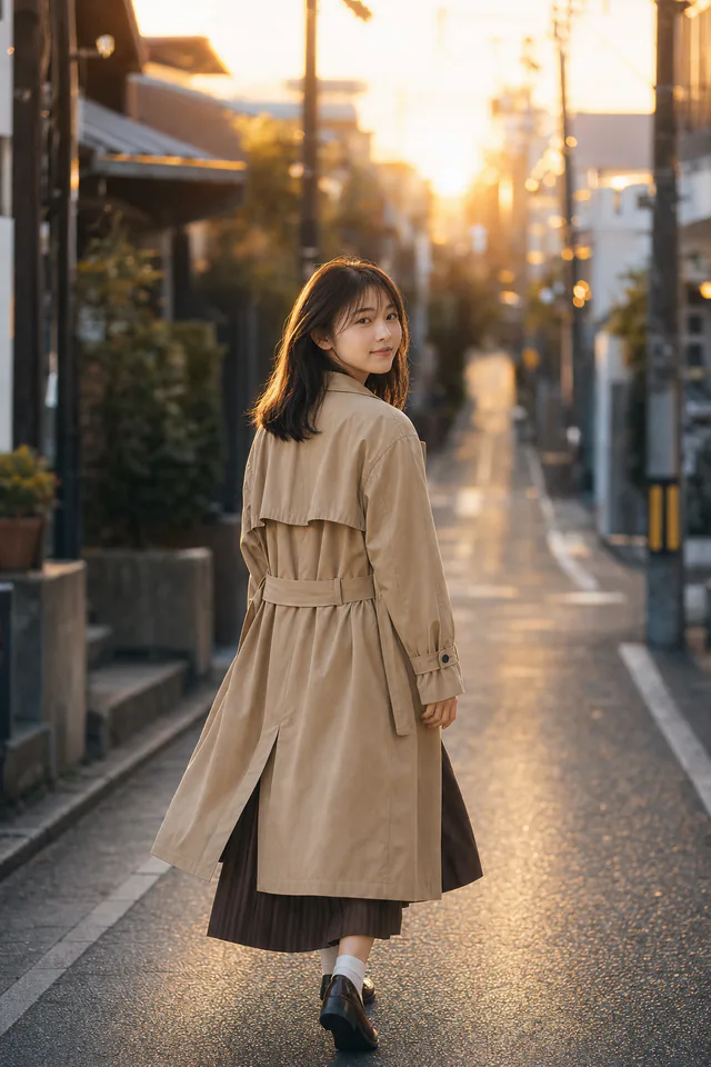 夕暮れの街を歩く女性の後ろ姿