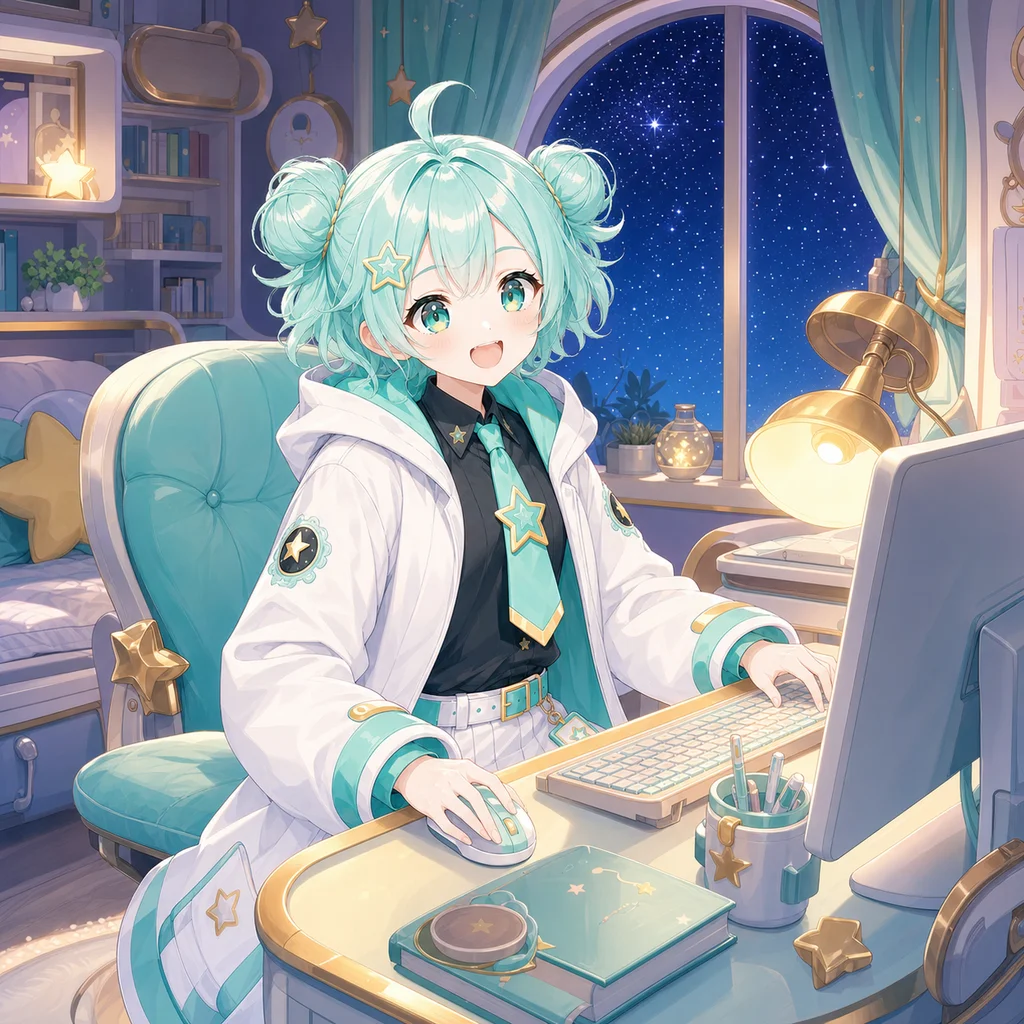 夜のデスクでパソコン作業をする、なのは