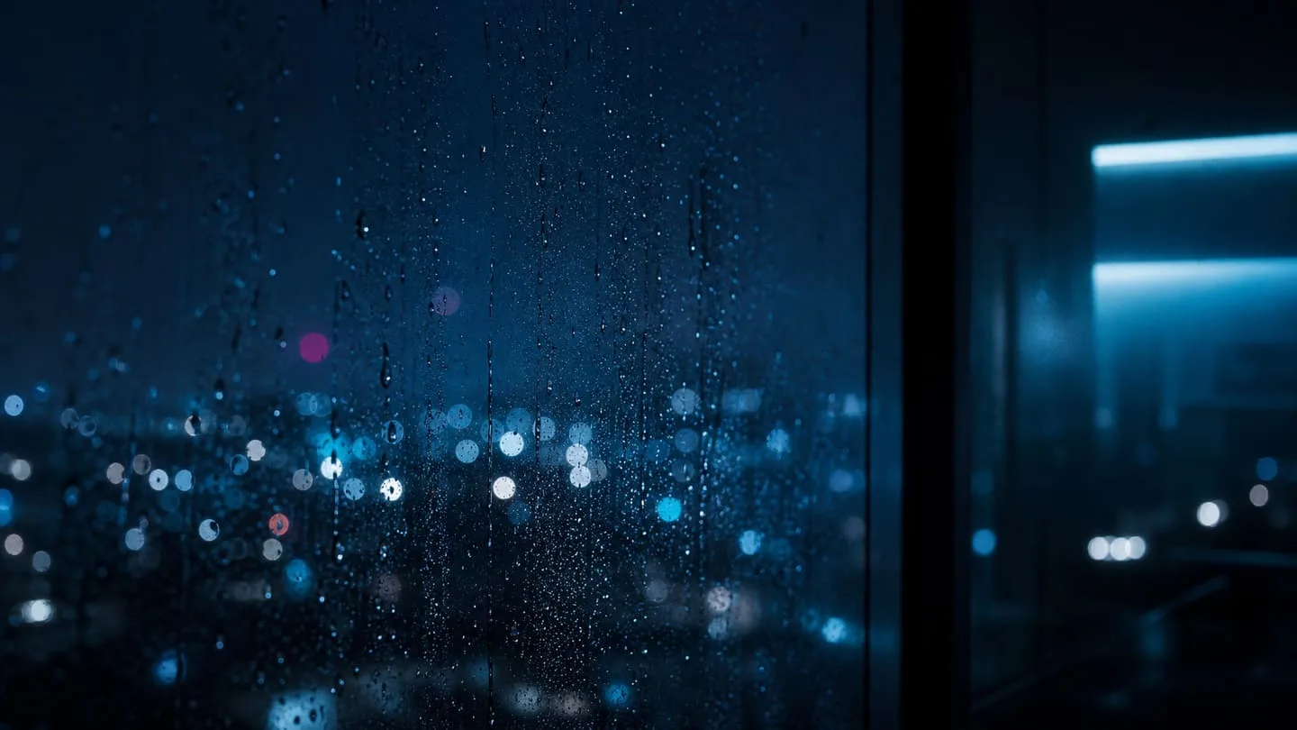 雨粒越しににじむ深夜の都市の光