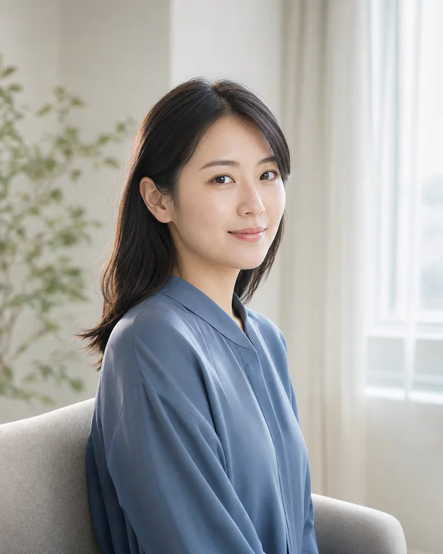 窓辺の自然光の中でやわらかく微笑む女性カウンセラー