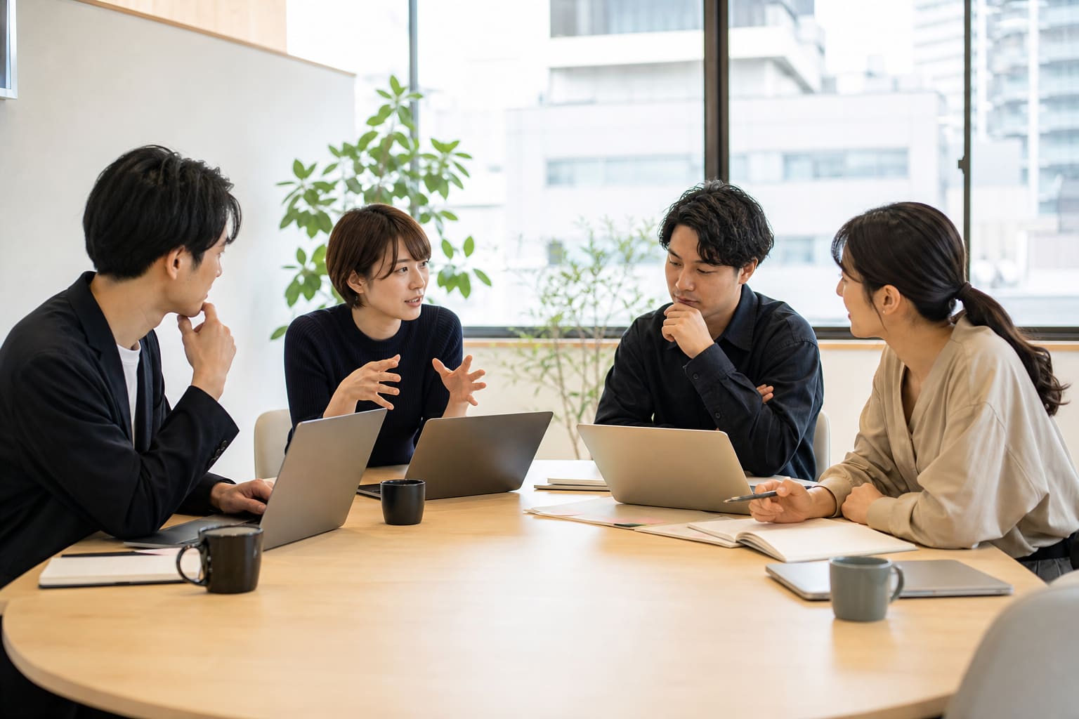 自然光の入る会議室で話し合うVerdiaのチーム